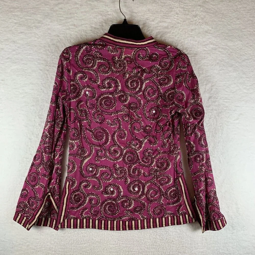 Tory Burch Blouse Women's Size 4 Magenta Cotton Paisley V-Neck Long Sleeve 6570‎